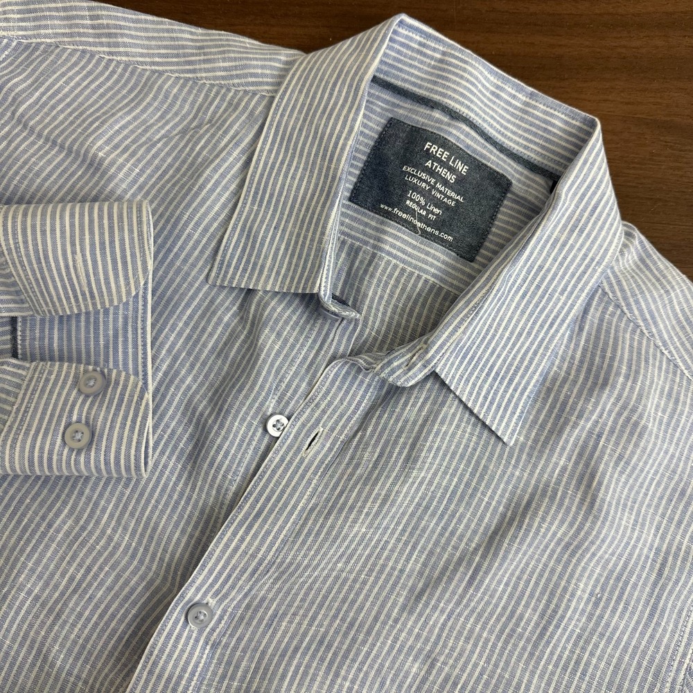 Free Line Athens Blue White Striped Linen Regular Fit Casual Button Up Shirt XL